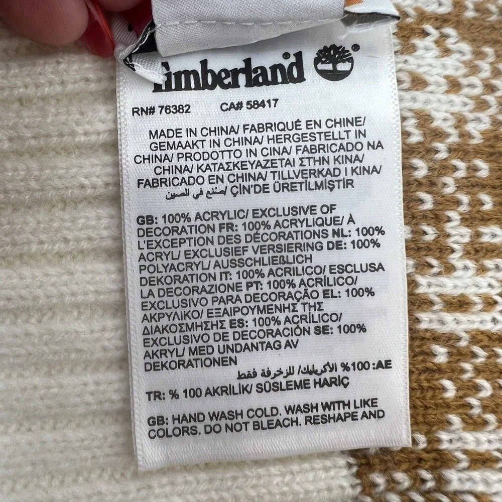 Timberland Scarf Knit Plaid Tan White Acrylic Winter Outdoor Logo Patch Street